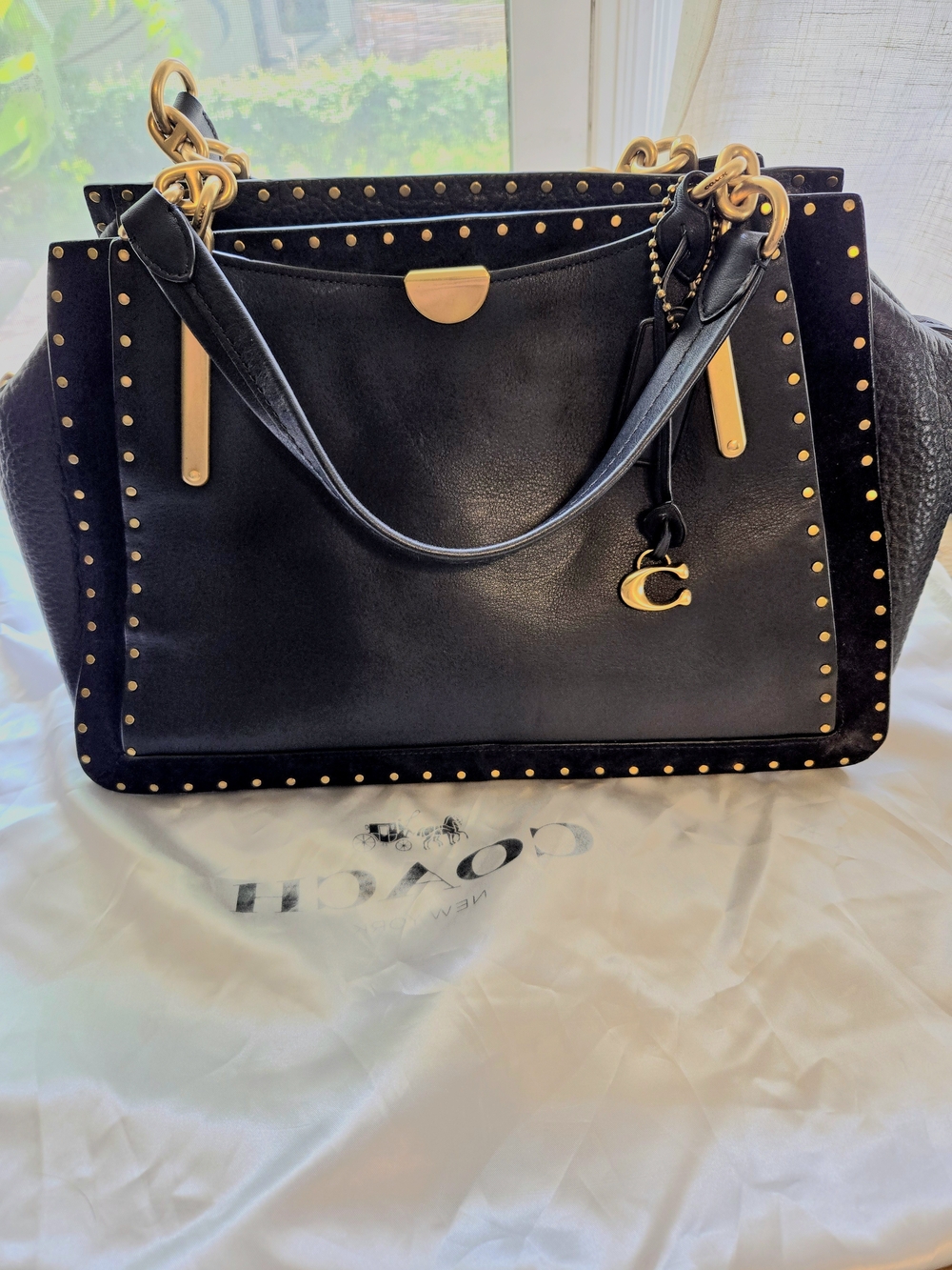 Coach Navy Leather Studded Tote with Gold Accents